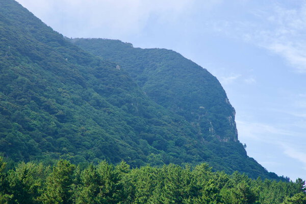 The steep eastern face of Sanbang Mountain drops toward coastal forest, exposing pale volcanic rock bands amid evergreen canopy while the rounded summit ridge fades into thin cloud and summer haze.