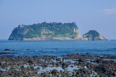 Daha yakın bir perspektif, Beomseom 'un orman uçurumları ve komşusu adacığın kıyı şeridindeki bazalt kayaların üzerinden görülen sakin mavi suları vurgular..