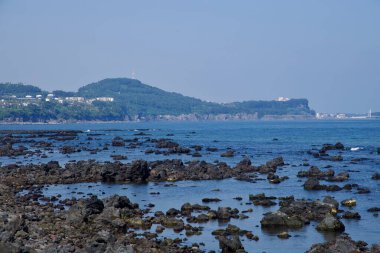 Dağılmış lav kayaları ile sığ gelgit düzlükleri Seogwipo 'nun batısındaki engebeli kıyı şeridini gösteren uzak burunlara ve tatil beldelerine doğru uzanır..