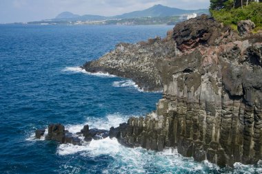 Seogwipo 'daki Daepo Jusangjeolli Kayalıkları' nda kayalıklar ve kolon eklemleri denize doğru uzanıyor..