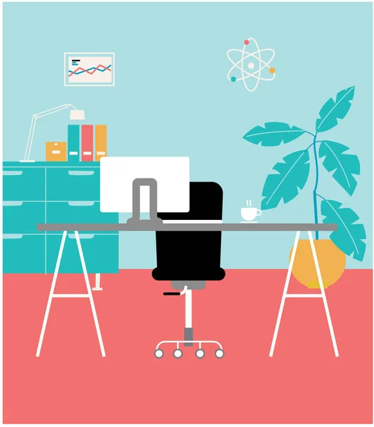 Office stili çalışma alanı. Masada duran bilgisayar monitörü ile iş tarzı oda. vektör çizim