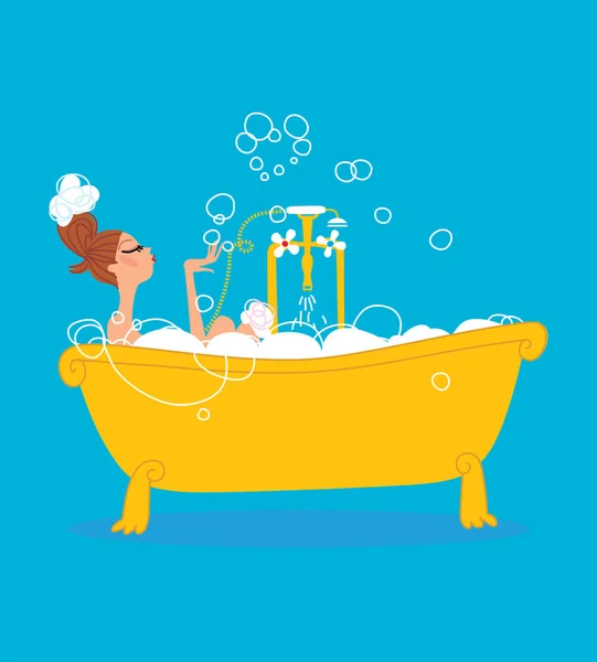 Karikatür tarzı kadın sabun köpüğü ile tam banyo. Vektör çizim