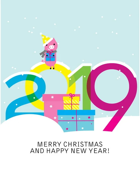 karda numaraları ayakta oturan komik küçük domuz ile 2019 yeni yıl tebrik. Neşeli Noel kartı. vektör çizim