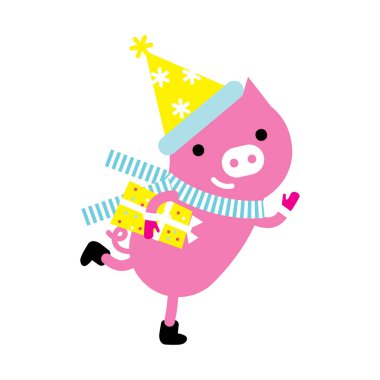 Noel stil şirin çalıştıran ve bir hediye kutusu tutarak domuz. vektör