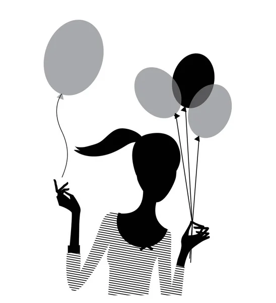 Silhouette Woman Holding Balloons One Hand Letting Balloon Another Hand — Stock Vector