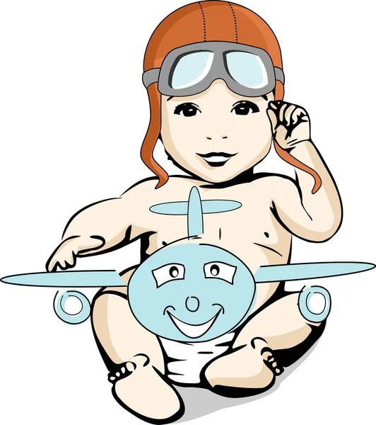 Illustration Baby Äventyrare Aviatora Baby Blöja Med Hjälm Och Flygares — Stock vektor