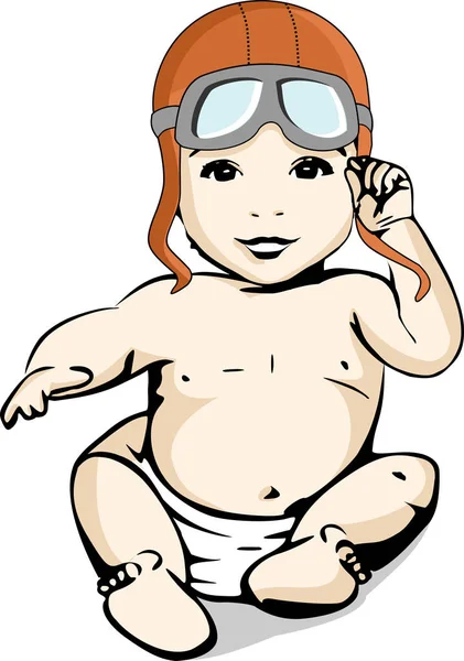 一个婴儿冒险家 Aviatora 婴儿在一个带头盔的尿布和飞行员的眼镜扮演一个冒险的旅行者和探险者的例证 — 图库矢量图片