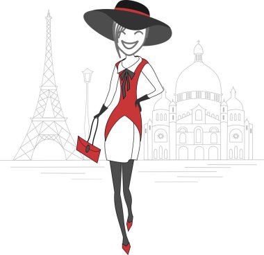 Paris Eyfel Kulesi ve Montmartre Sacr Coeur Bazilikası önünde sokaklarında bir kadında