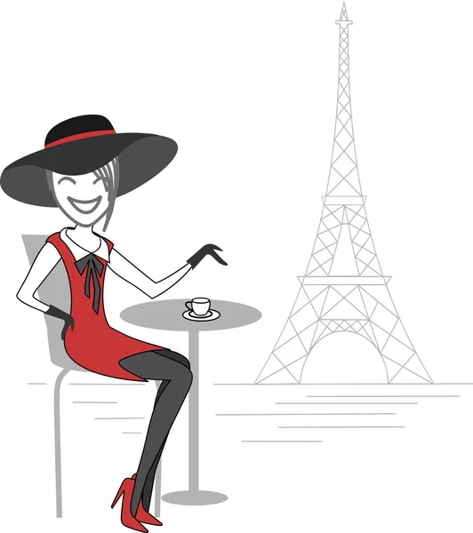 坐在咖啡馆露台上的妇女在埃菲尔铁塔前欣赏巴黎街头的埃菲尔铁塔 — 图库矢量图片