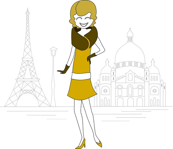 Женщина Стиле Ретро Улицах Парижа Перед Эйфелевой Башней — стоковый вектор