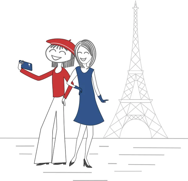 Dos Mujeres Toman Fotos Con Teléfono Móvil París Frente Torre — Vector de stock