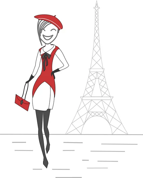 Молодая Женщина Берете Ходит Улицам Парижа Перед Эйфелевой Башней — стоковый вектор