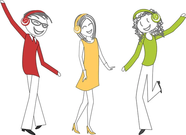 Hommes Femmes Dansent Écoutant Musique Dans Des Écouteurs — Image vectorielle