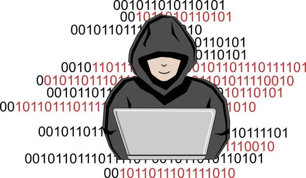 Man Hiding Hood Hacks Computer — Stock Vector