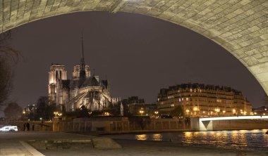 Notre Dame Katedrali geceleri Seine bankalardan aydınlatılmış.
