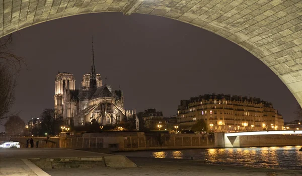 Notre Dame Katedrali geceleri Seine bankalardan aydınlatılmış.