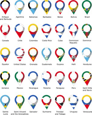Flags in the form of a pin from the countries of America with their names written below clipart
