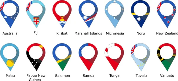 Bandeiras Forma Pino Dos Países Oceania Com Seus Nomes Escritos —  Vetores de Stock