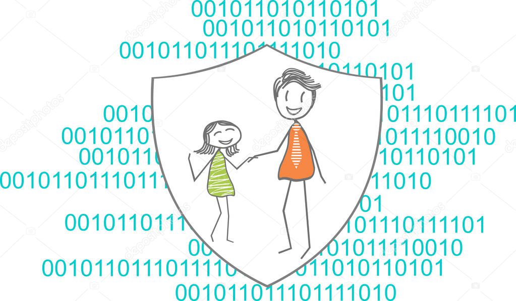 Illustration of a family in a shield on lines of code