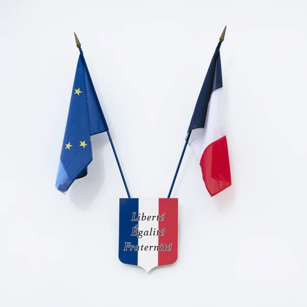 Bandera Francesa Europea Sobre Escudo Armas Los Colores Francia Que — Foto de Stock
