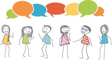 Bir grup kadın ve erkek üzerlerinde boş diyalog baloncuklarıyla birbirleriyle konuşuyorlar.