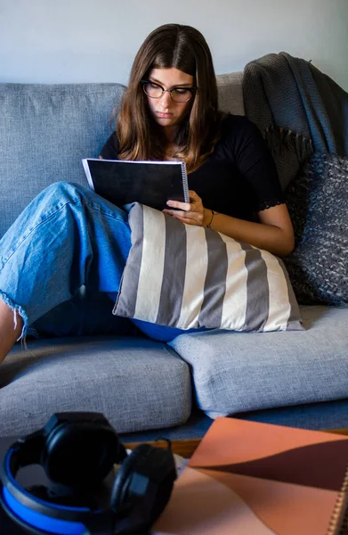 Teenage student studying at home, college learning concept. Young blonde woman focused on studying. Warm, modern living room atmosphere.Vertical format, real photography. Ideal for social media posts.