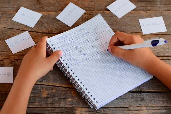 Liten Unge Skriver Och Studerar Engelskt Pronomen Anteckningsbok Penna Kort — Stockfoto