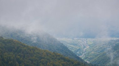 Sonbahar mevsiminde dağ manzarası. Güzel doğal sarı turuncu boya doğası. Dağların tepelerinde hafif sisli bir gün.