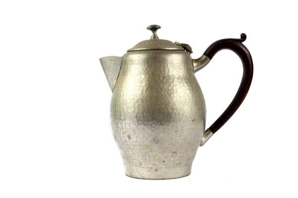 Quirky Vintage Antique Silver Kettle Teapot White Background — Stock Photo, Image