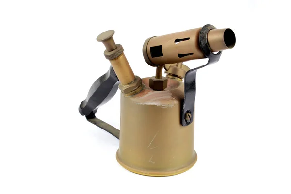 Vintage Brass Fire Blowtorch Flame Thrower White Background — Stock Photo, Image