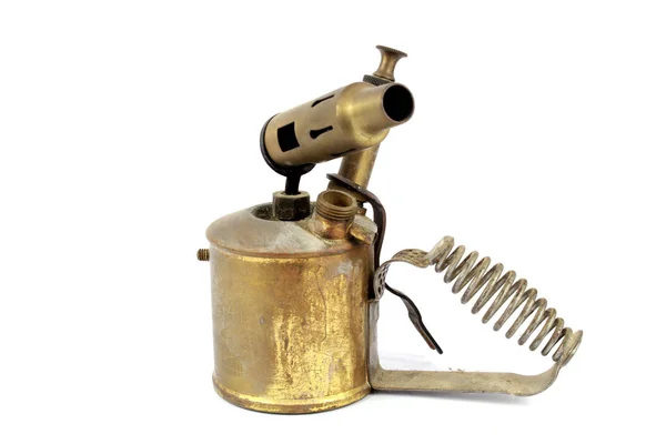 Vintage Brass Fire Blowtorch Flame Thrower White Background — Stock Photo, Image