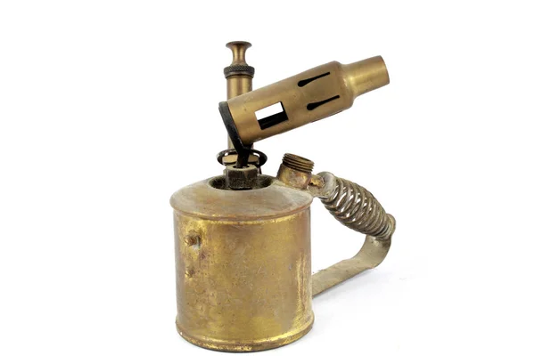 Vintage Brass Fire Blowtorch Flame Thrower White Background — Stock Photo, Image