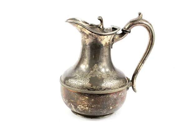 Quirky Vintage Antique Silver Kettle Teapot White Background — Stock Photo, Image