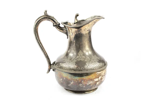 Quirky Vintage Antique Silver Kettle Teapot White Background — Stock Photo, Image