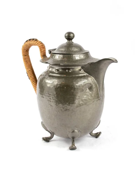 Quirky Vintage Antique Silver Kettle Teapot White Background — Stock Photo, Image