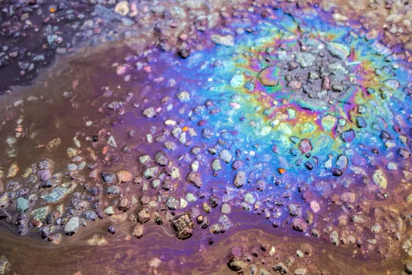 Rainbow Liquid Petrol Pollution Leak on Asphalt Road