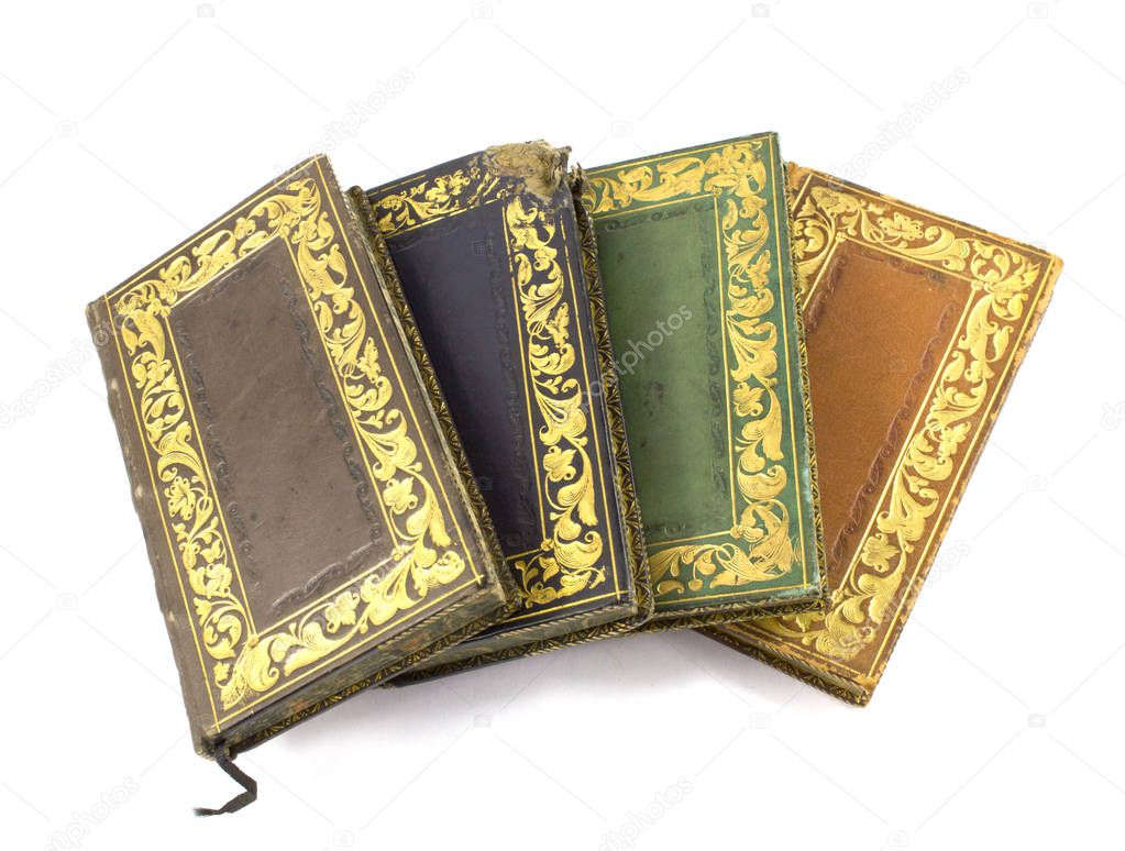 Antique Leather Bound books on White Background