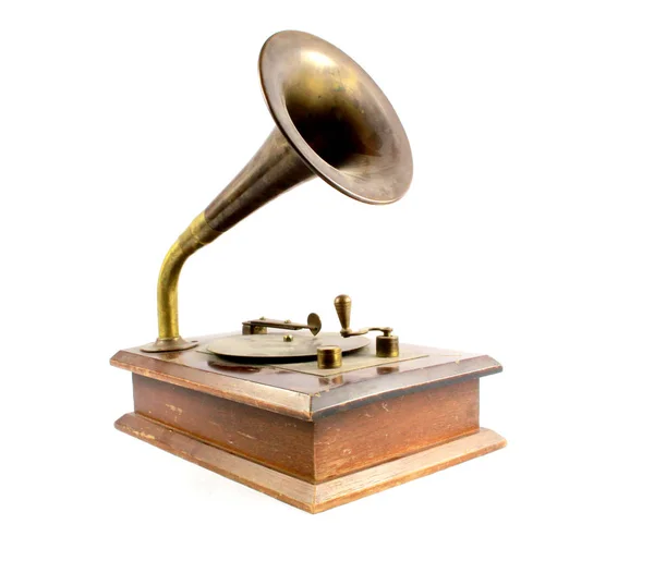 Vintage Och Antika Trä Liten Gramophone Skivspelare Vit Bakgrund — Stockfoto