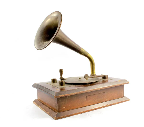 Vintage Antigo Gramofone Pequeno Madeira Record Player Fundo Branco — Fotografia de Stock