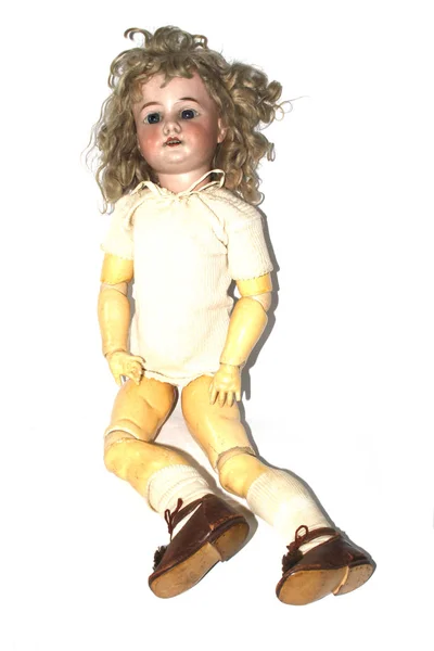 Boneca Brinquedo Vintage Fundo Branco — Fotografia de Stock