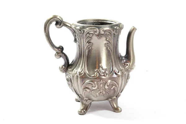 Vintage Metal Ornate Tea Pot Fundo Branco — Fotografia de Stock
