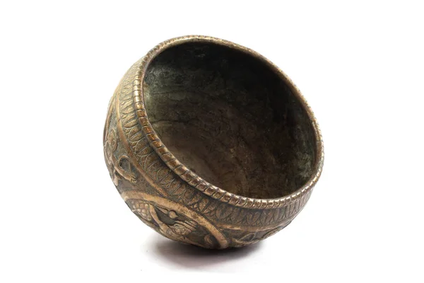 Vintage Antique Silver Metal Oriental Bowl Fundo Branco — Fotografia de Stock