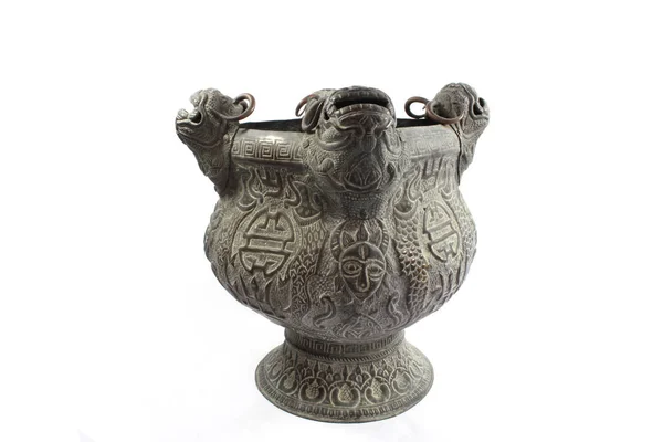 Vintage Antique Silver Metal Oriental Bowl White Background — Stock Photo, Image