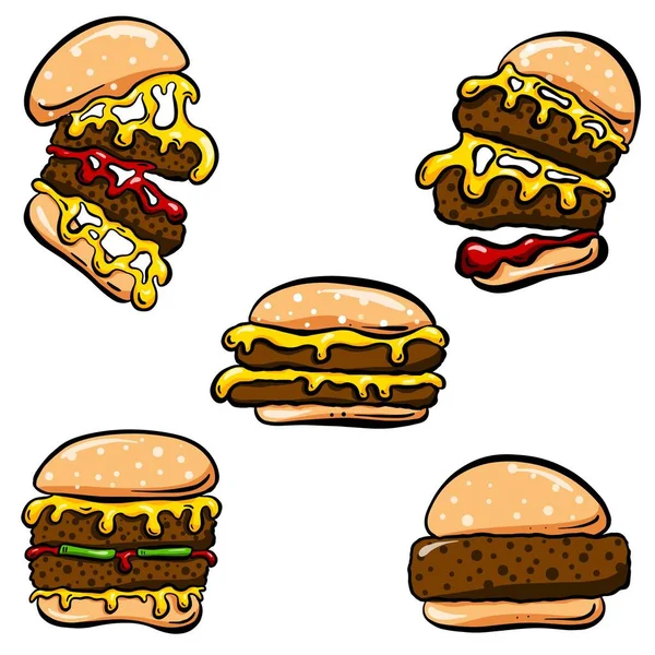 Icone Con Hamburger Cheeseburger Stile Cartone Animato Logo Hamburger Formato — Vettoriale Stock