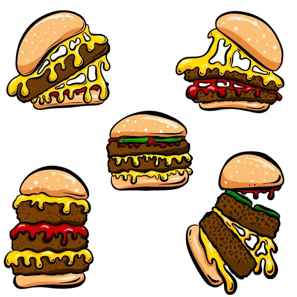 Icone Con Hamburger Cheeseburger Stile Cartone Animato Logo Hamburger Formato — Vettoriale Stock