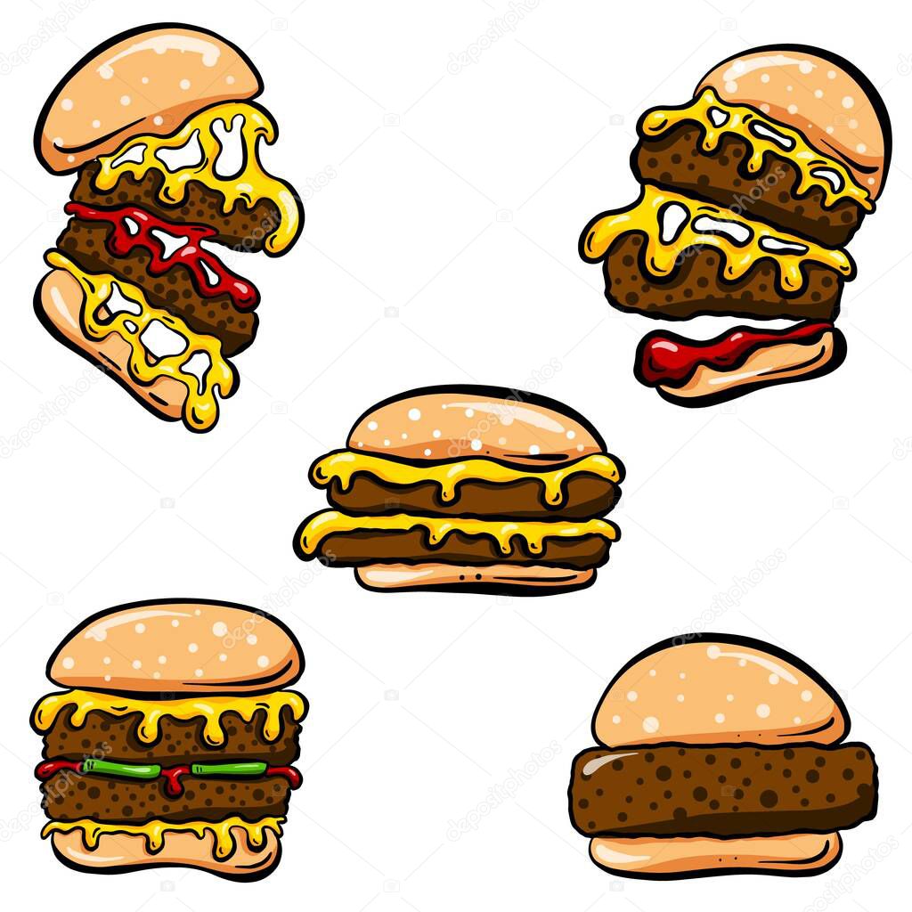 Cartoon Style Hamburger or Cheeseburger or Burger Logo Icons in Vector Format