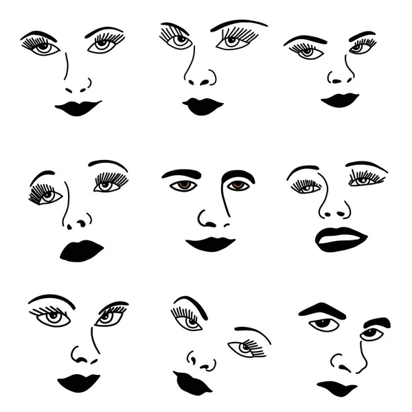 Ilustración Características Faciales Simples Conjunto Iconos Silueta Cara Humana — Vector de stock
