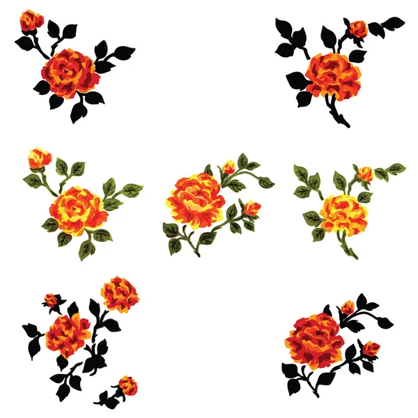 Retro Vintage Rose Plants Flower Stem Leaves Vector Icon Collection — 스톡 벡터