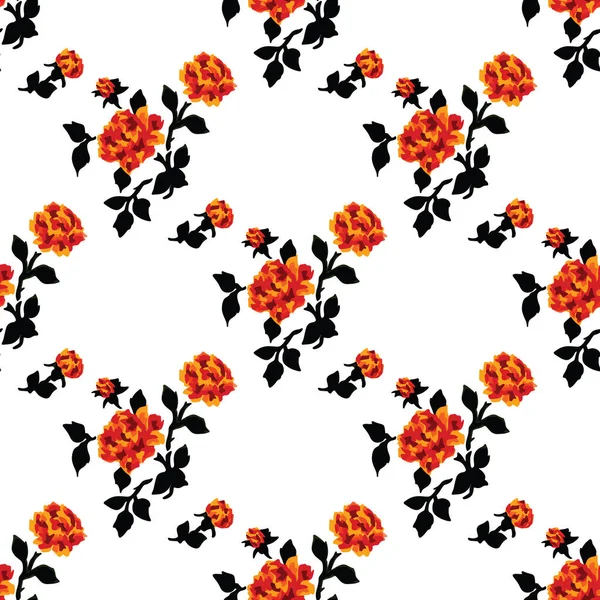 Retro Vintage Rose Plants with Flower, Stem and Leaves Repeating Pattern