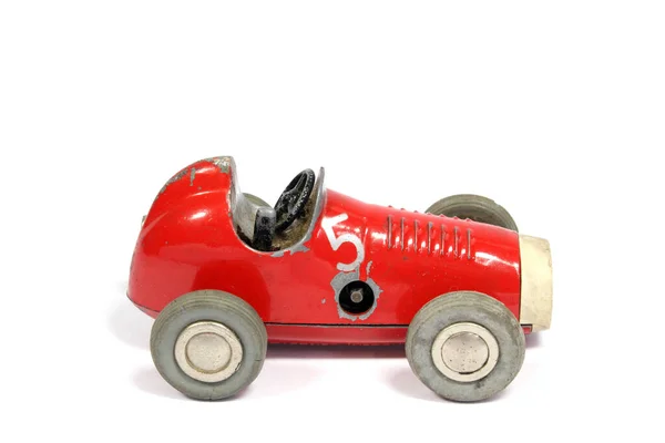 Ein Oldtimer Klassischer Spielzeugdose Rennwagen Auf Weißem Hintergrund — Stockfoto